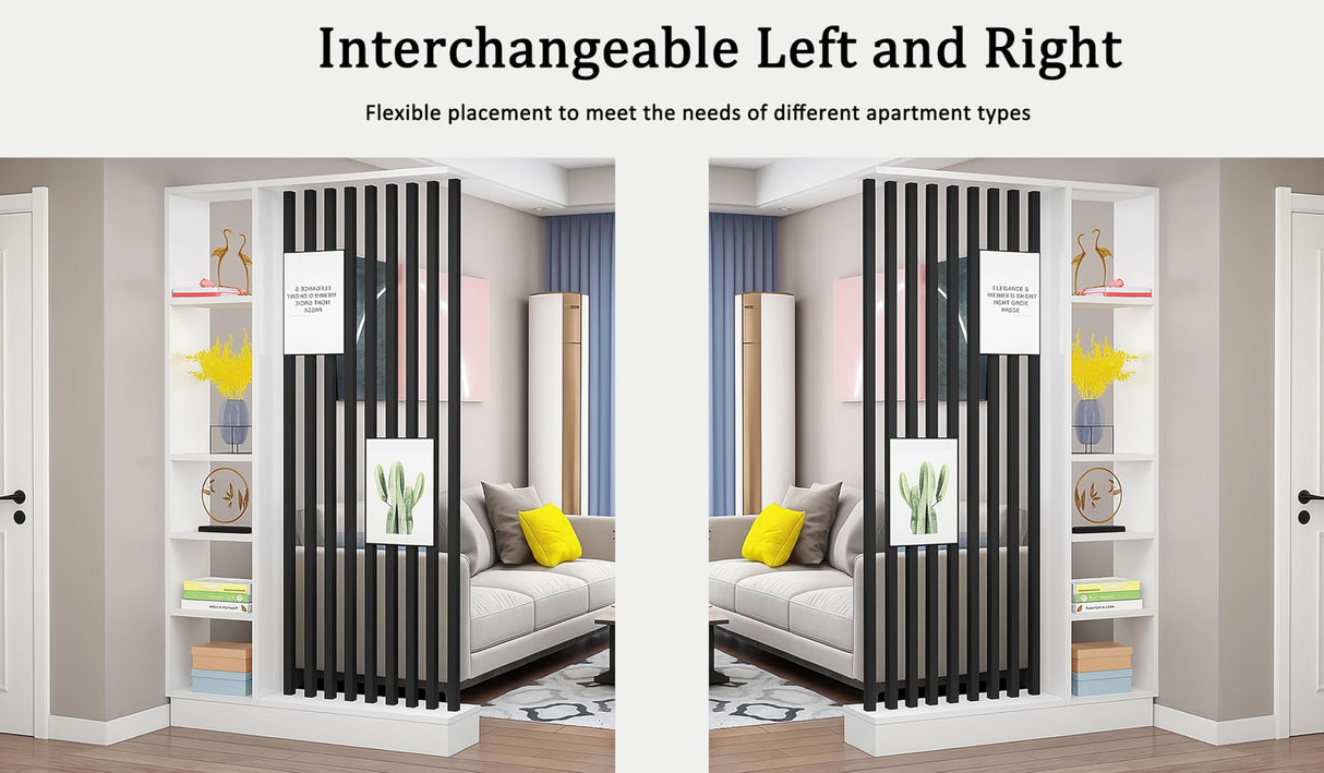 Wall Room Divider with Storage Shelves, Modern Freestanding Room Divider Screen, Open Room Wood Partition for Home & Office Decor (White + Black, 39.5" L x 9.5" W x 79.5" H) Dyale