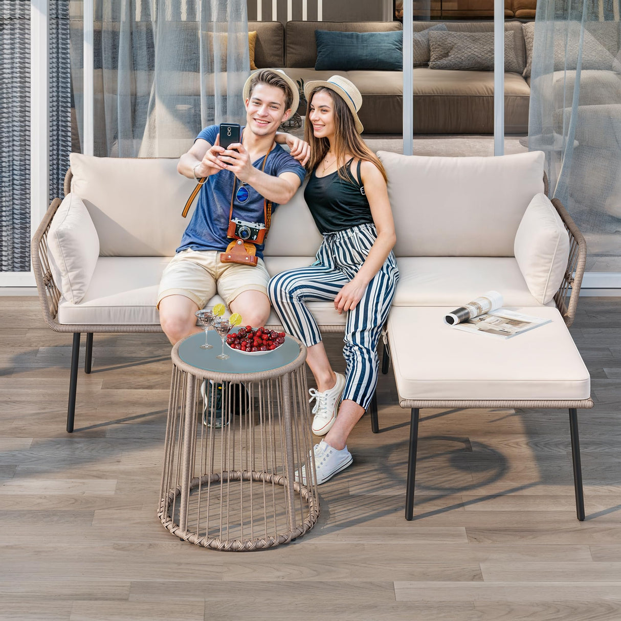 YITAHOME 3 Piece Patio Furniture Set Wicker Patio Sectional with Removable Cushions and Coffee Table All-Weather L-Shaped Sectional Conversation Sofa Set Outdoor Furniture Set for Backyard Porch YITAHOME