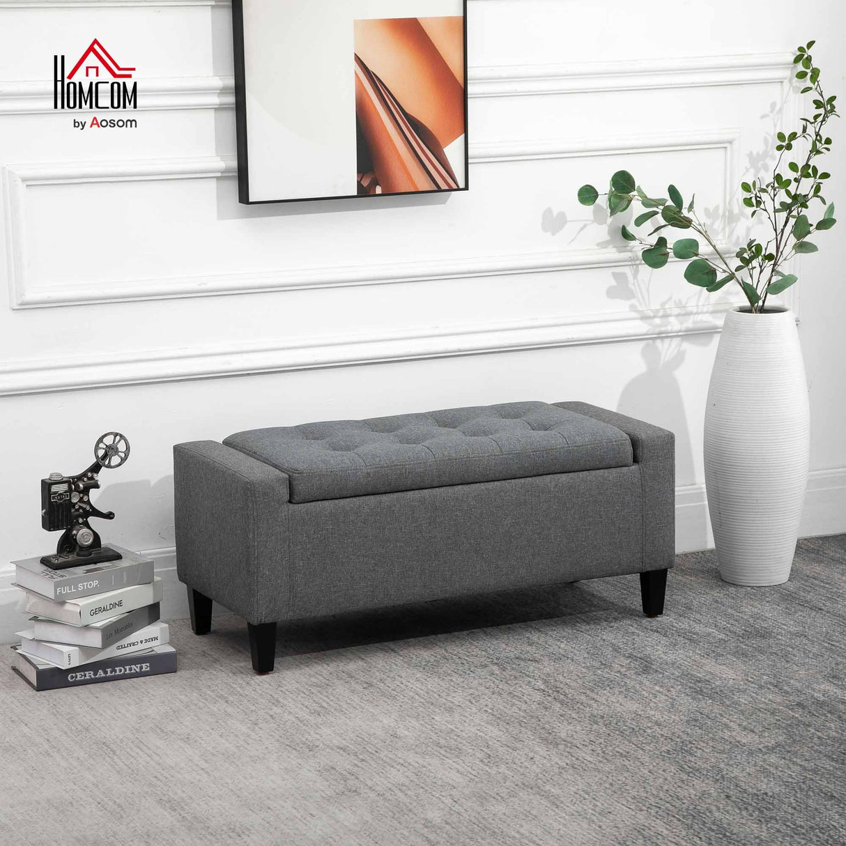 HOMCOM Storage Ottoman, Linen Upholstered Storage Bench with Lift Top and Button Tufted for Living Room, Gray HOMCOM