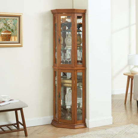 XZTUAJ 69" H Corner Curio Cabinet with Light,3-Side Glass Corner Display Case with Adjustable Shelves & Tempered Glass Doors,Curved Wooden Showcase Corner Storage Rack for Living Room & Kitchen (Oak) XZTUAJ