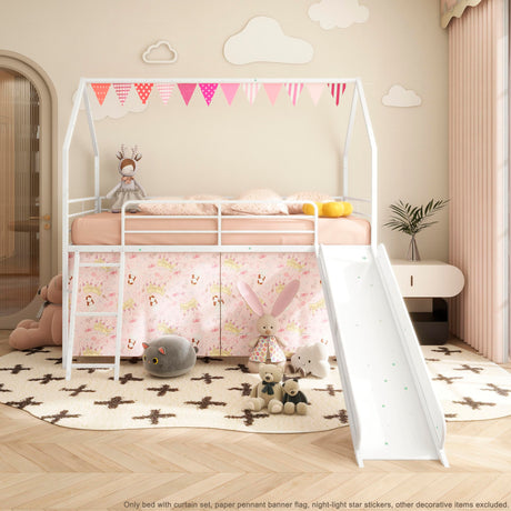 KEIKI Twin Loft Bed with Slide, House Style Bed Twin Size with Curtain, Guardrails, Pennant Banner Flag, Star Stickers, Storage Space, Metal Bed Frame for Teens Kids, White with Pink KEIKI