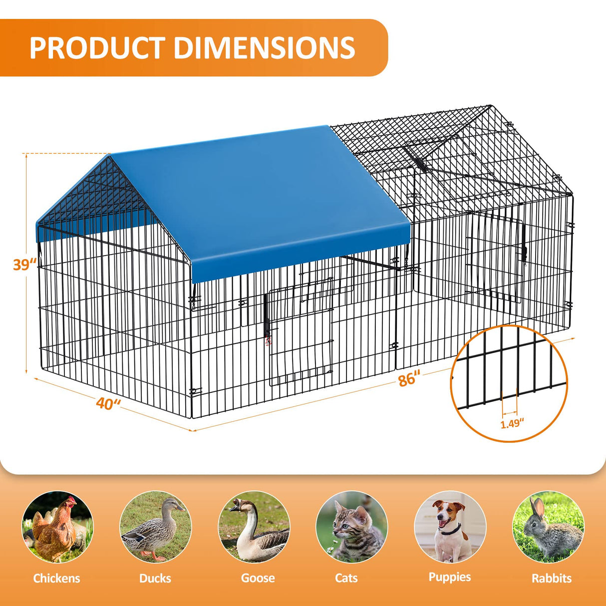 INJOPEXI Metal Chicken Coop 86"×40"×39" Chicken Runs for Yard with Cover Chicken Playpen Enclosure Chicken Pen Kennel Duck CoopCage for Outdoor Backyard Farm Rabbit Small Animal Dog Poultry Cat Hutch INJOPEXI