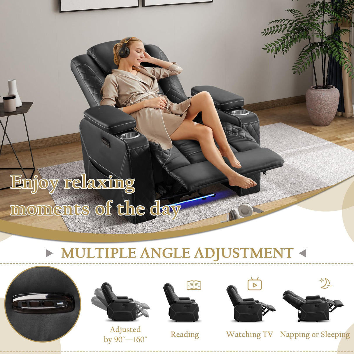 TUNYI Home Theater Recliner Chair - Power Recliner Sofa Chair with Adjustable Headrest Faux Leather Reclining Chair with USB/Storage/LED Light/Cup Holder (Black, 1 PC) TUNYI