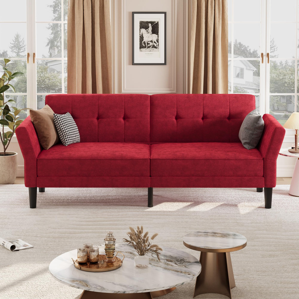 GarveeHome 89" Futon Sofa Bed, Convertible Sleeper Sofa with Adjustable Backrest & Armrest, Modern Futon Couch Bed, Loveseat Sleeper for Living Room Bedroom Apartments, Red GarveeHome
