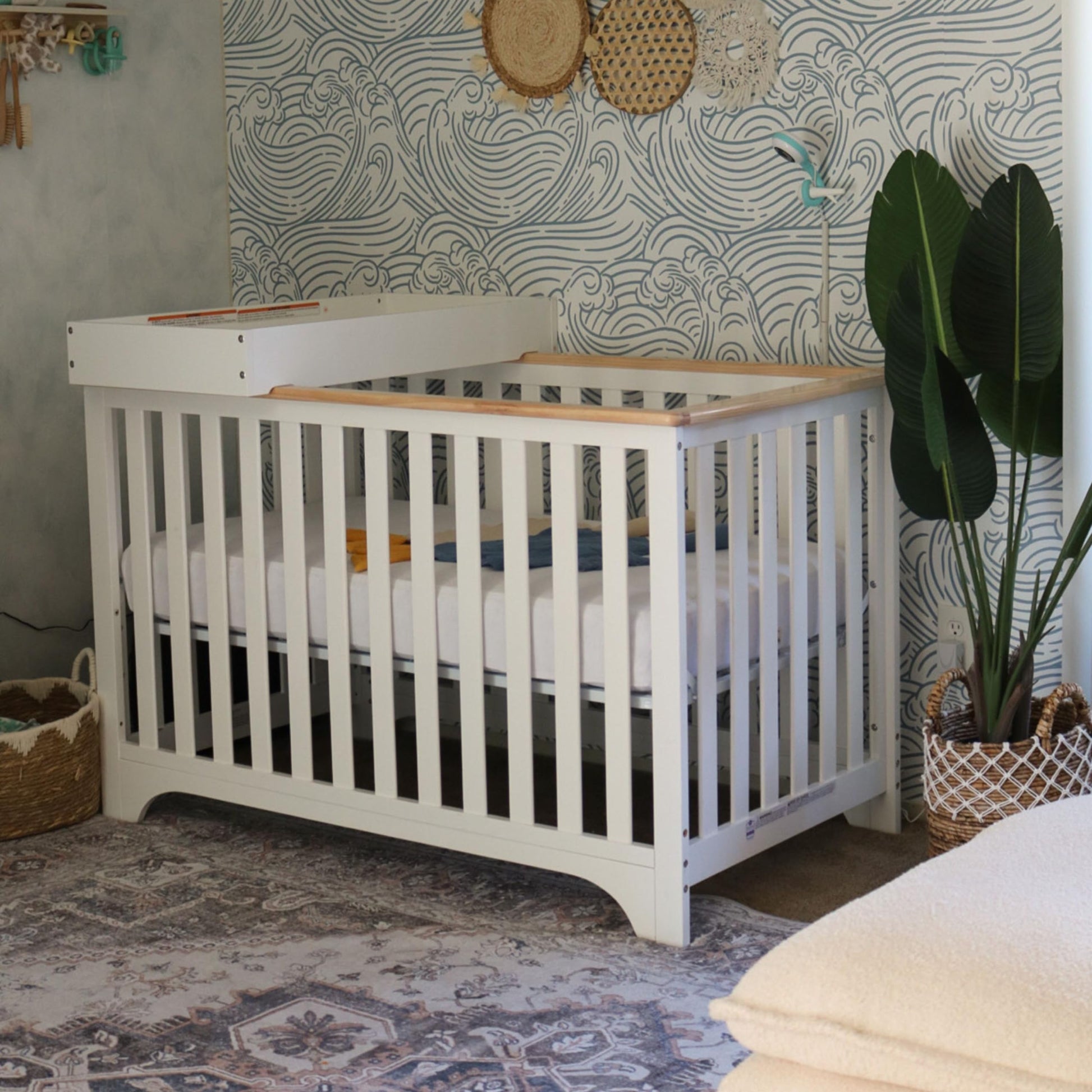 Dream On Me Orion 5-in-1 Convertible Crib with Removable Changing Tray in Vintage White Oak, JPMA & Greenguard Gold Certified, Made of Sustainable New Zealand Pinewood - WoodArtSupply