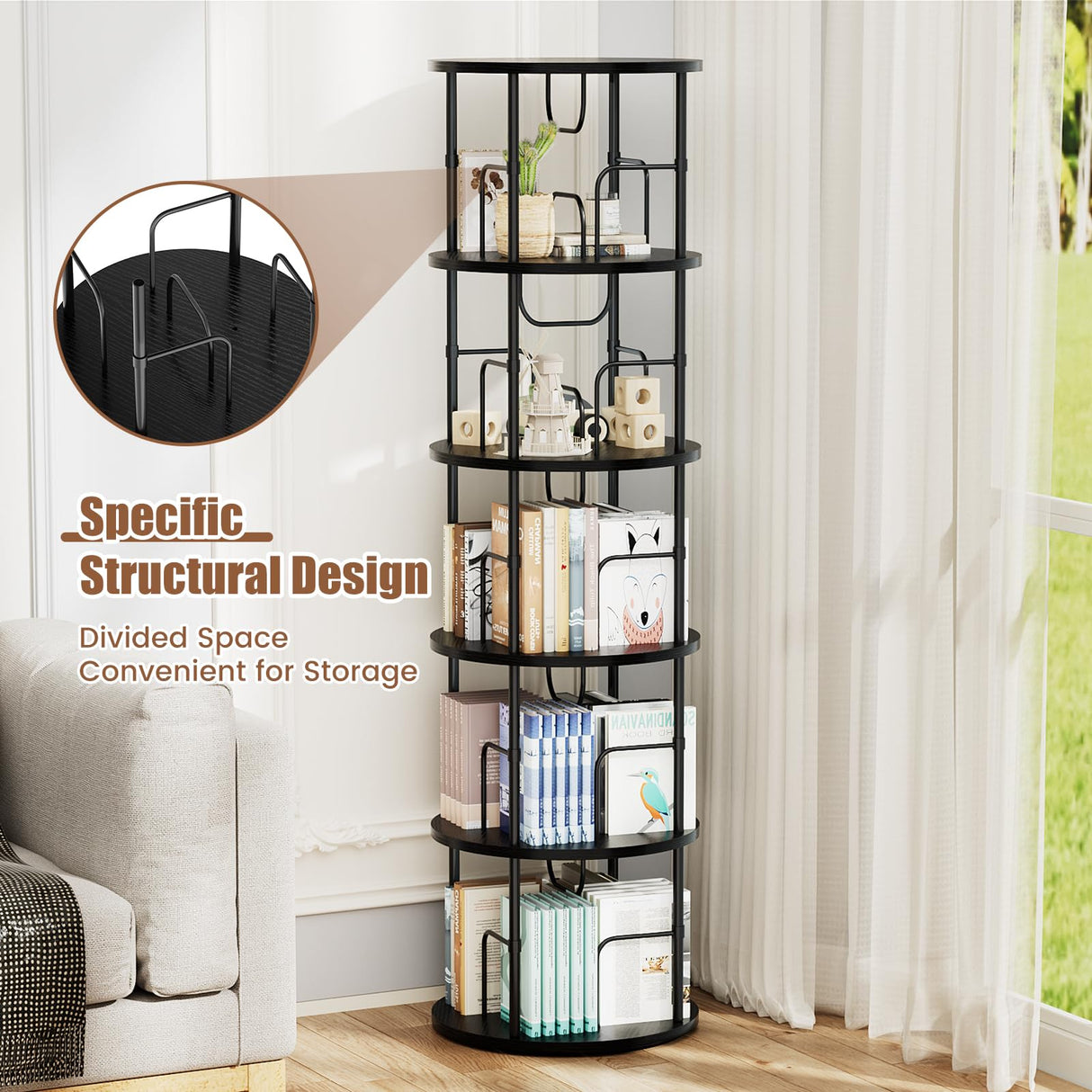ALLSTAND 5-Tier 360° Rotating Black Bookshelf – Space-Saving Swivel Tower for Home Storage ALLSTAND