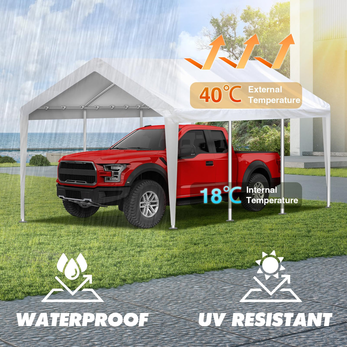 10x20FT Carport Canopy Replacement Cover Heavy Duty Waterproof & UV Protected, All Weather Car Shade Canopy with Ball Bungees (White, 10'x20', Frame is not Included) Inmeilifus