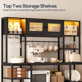 HOOBRO Bakers Rack with Power Outlet and LED Light, 59.1'' Industrial Microwave Stand, Coffee Bar Cabinet with Storage, Goblet Holder & 6-S Hooks, Kitchen Storage Shelf with Cabinet, Black BB17UDHB01 HOOBRO