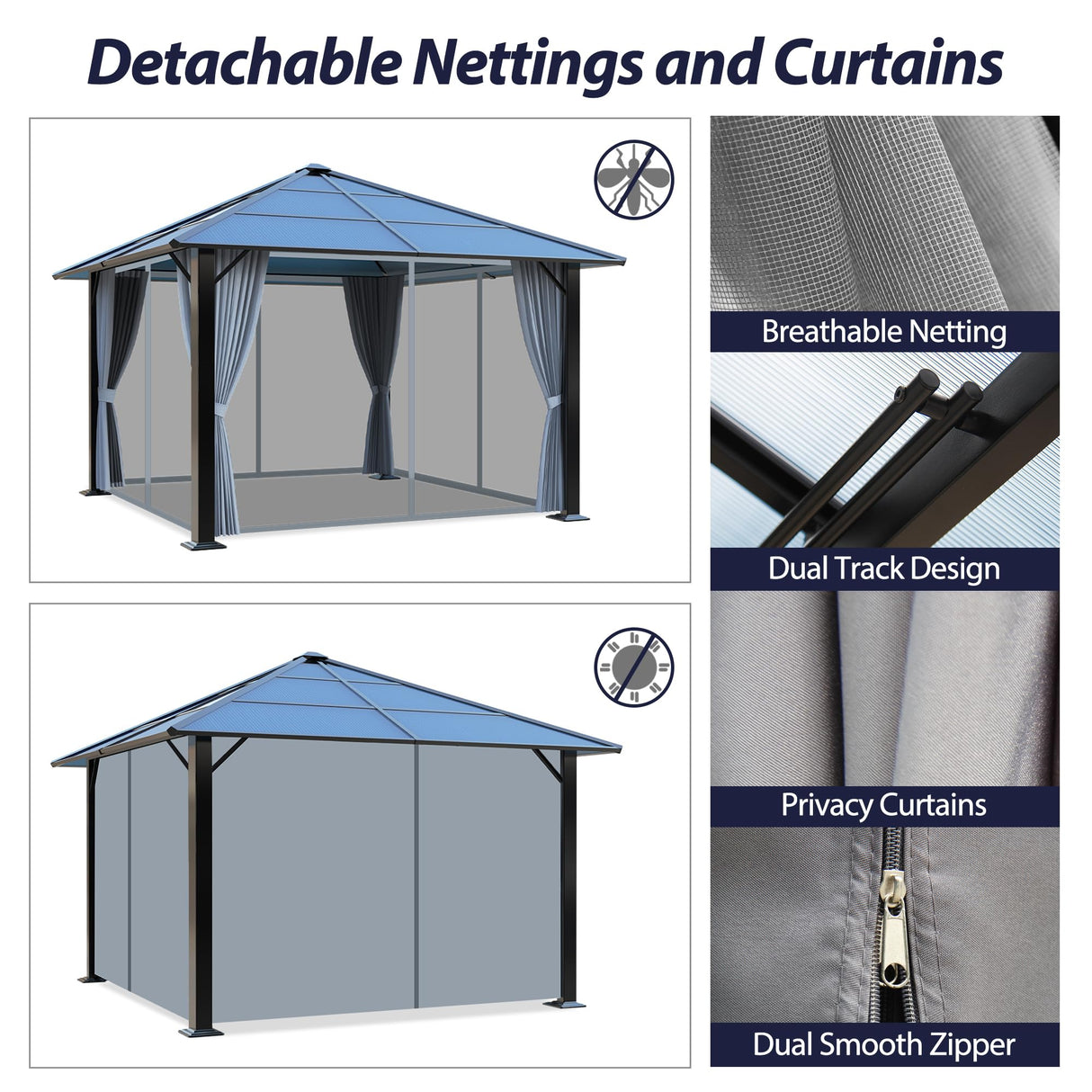 Raysfung 10'x10' Hardtop Gazebo, Outdoor Polycarbonate Roof Gazebo Metal Frame Permanent Pavilion with Netting & Curtains for Garden, Patio, Lawns(Grey) Raysfung