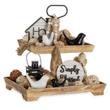 Hanobe Tiered Tray for Table Decor: 2 Tier Serving Stand Farmhouse Decorative Tray for Coffee Bar Centerpiece Rectangle Wood Display Stands Kitchen Counter Hanobe