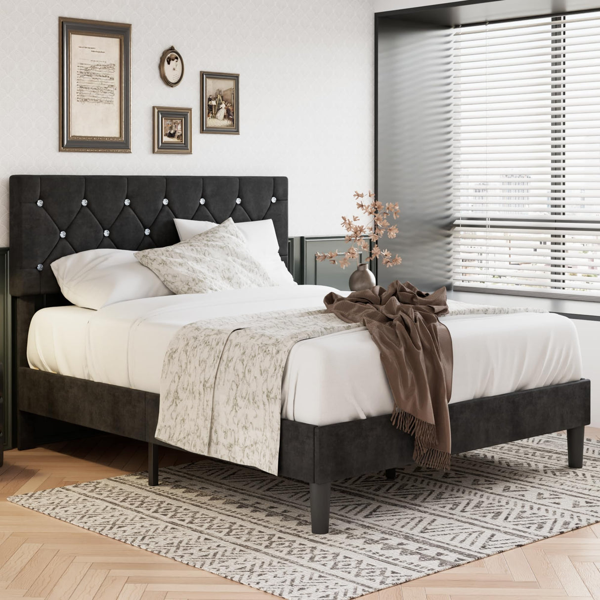VECELO Queen Size Bed Frame, Upholstered Platform with Adjustable Diamond Tufted Headboard, Wood Slat Support, No Box Spring Needed, Velvet & Black VECELO