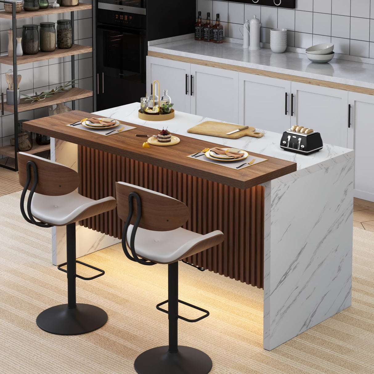 Gyfimoie 63" Large Imitation Marble Bar Table,Island Table with LED Lights,Mordern Marble Stripes Dining Table with Grille Design for Home Kitchen, Living Room, Balcony, Basement(White) Gyfimoie