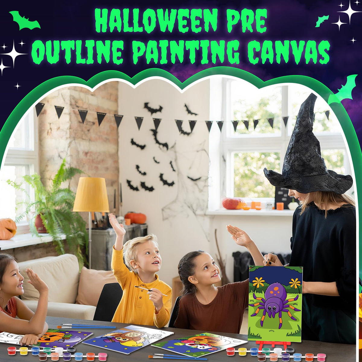 Blosssound 10 Set Halloween Pre Printed Canvas Pre Drawn Canvas Painting with Easel Kits 5" x 7" Outline Painting Panels for Beginners, DIY Craft Project, Party Favor, Home Decors Blosssound