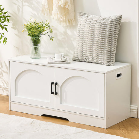 Shoe Bench, Entryway Storage Bench with 2 Doors, Shoe Rack Adjustable Shelves, Shoe Cabinet with Storage, 31.5" W x 13.8" D x 18.1" H for Entryway, Living Room, Hallway, Mudroom, Bedroom, White oakvivo