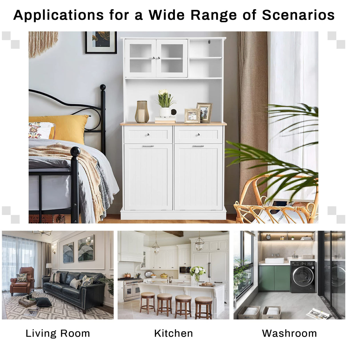 YOCONYO Double Tilt Out Trash Cabinet Storage Cabinet 20 Gallon with Two Solid Wood Hideaway Trash Holder Drawers, Dual Wooden Free Standing Recycling Cabinets Trash Can Bin Kitchen (white) YOCONYO