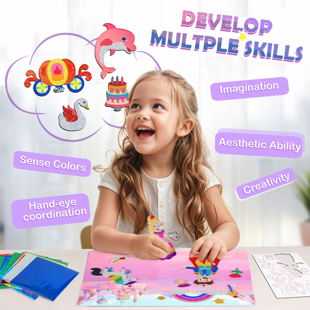 Arts and Crafts for Kids Ages 4-8, Art Craft Supplies Kits, DIY Creative Travel Toys Activity, Princess & Prince & Castle & Girl, Coloring Sticker Books, Easter Basket Stuffers, Gifts for Girls URMYWO