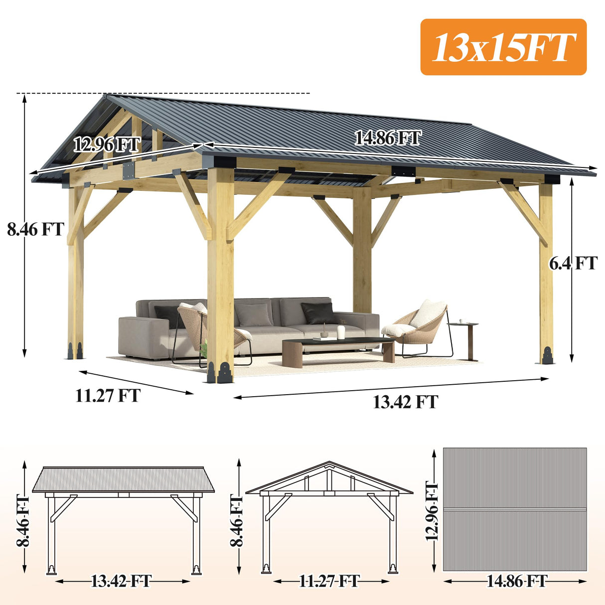 COVERONICS 13’x15’ Outdoor Hardtop Wood Gazebo - Patio Gazebo with Galvanized Steel Roof, Cedar Wooden Carport Gazebos for Garden, Porch, Patio and Deck COVERONICS