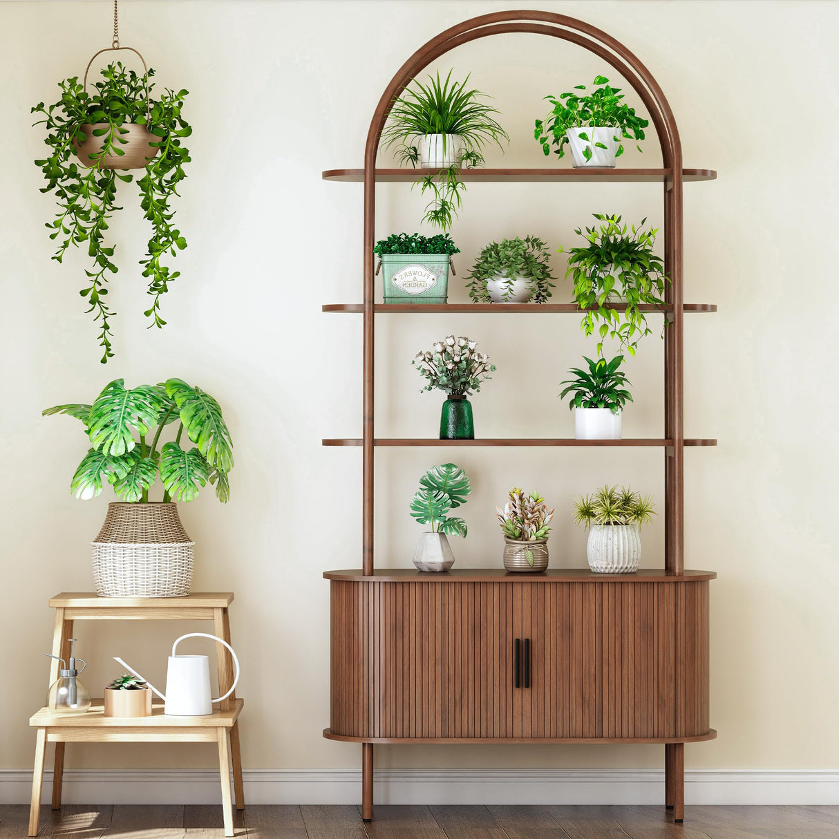 79" Tall Arched Bookshelf with Sliding Tambour Doors, Mid Century Modern Curved Bookcase Cabinet with Storage, 4-Tier Open Display Storage Shelf for Home Office,Living Room (Walnut, 79inch) Janmer Home