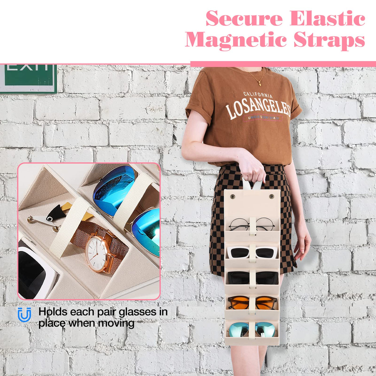 MoKo Sunglasses Organizer with 5 Slots, Foldable Travel Glasses Storage Case Holder Eyewear Display Box, White MoKo