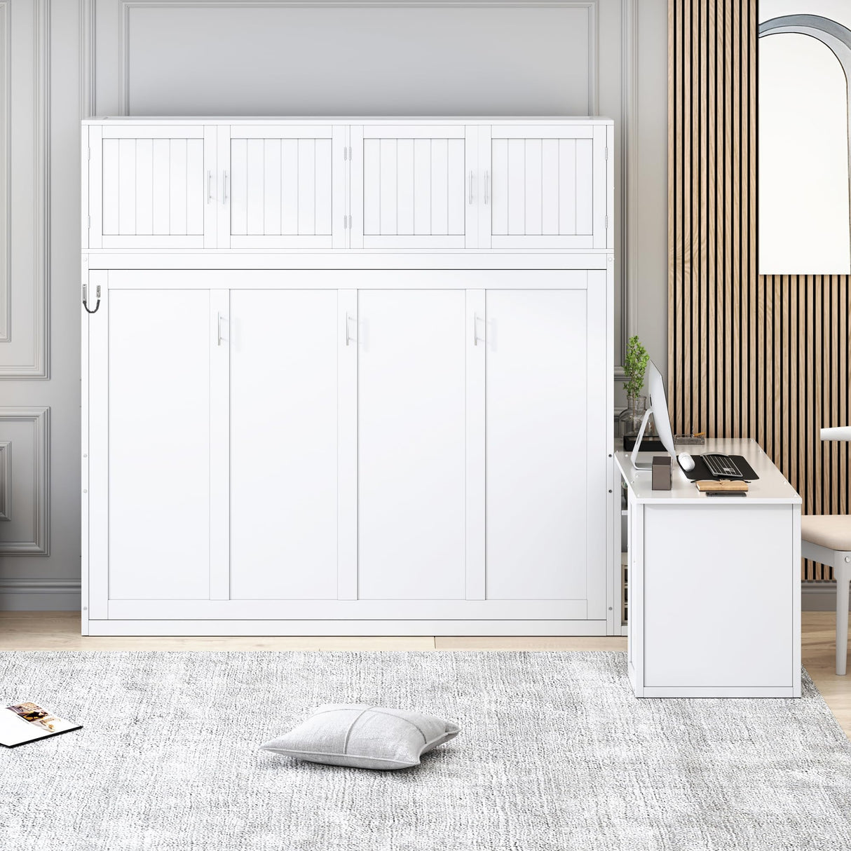 Harper & Bright Designs Queen Size Murphy Bed, Wooden Queen Wall Bed Frame with Desk and Storage Shelves and Big Cabinets, White Harper & Bright Designs