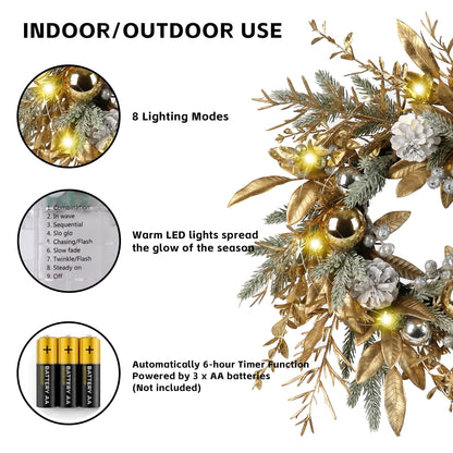 Zavothy Christmas Wreath 20 Inch Christmas Door Decorations Wreath with Warm Lights,Christmas Balls, Pine Cones, Golden Twigs, Pine Needles and Silver Berries for Door Window Outdoor Home Decoration