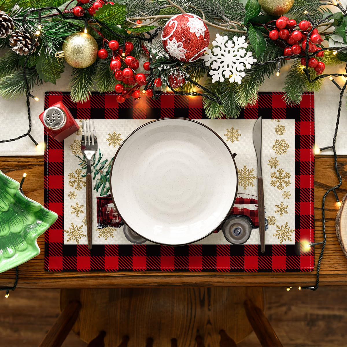 Artoid Mode Red and Black Buffalo Plaid Truck Merry Christmas Placemats Set of 4, 12x18 Inch Seasonal Winter Xmas Holiday Table Mats for Party Kitchen Dining Decoration Artoid Mode