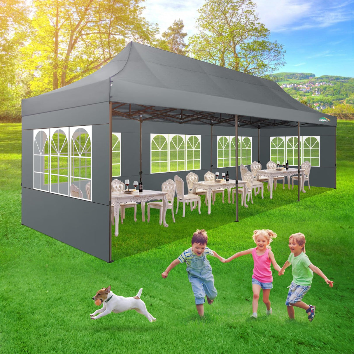 COBIZI Heavy Duty 10x30 Party Tent, Commercial 10x30 pop up Canopy for Parties Waterproof Gazebos with 8 Sidewalls, All Season Wind & Waterproof UPF50+,Stable Thickened Frame COBIZI