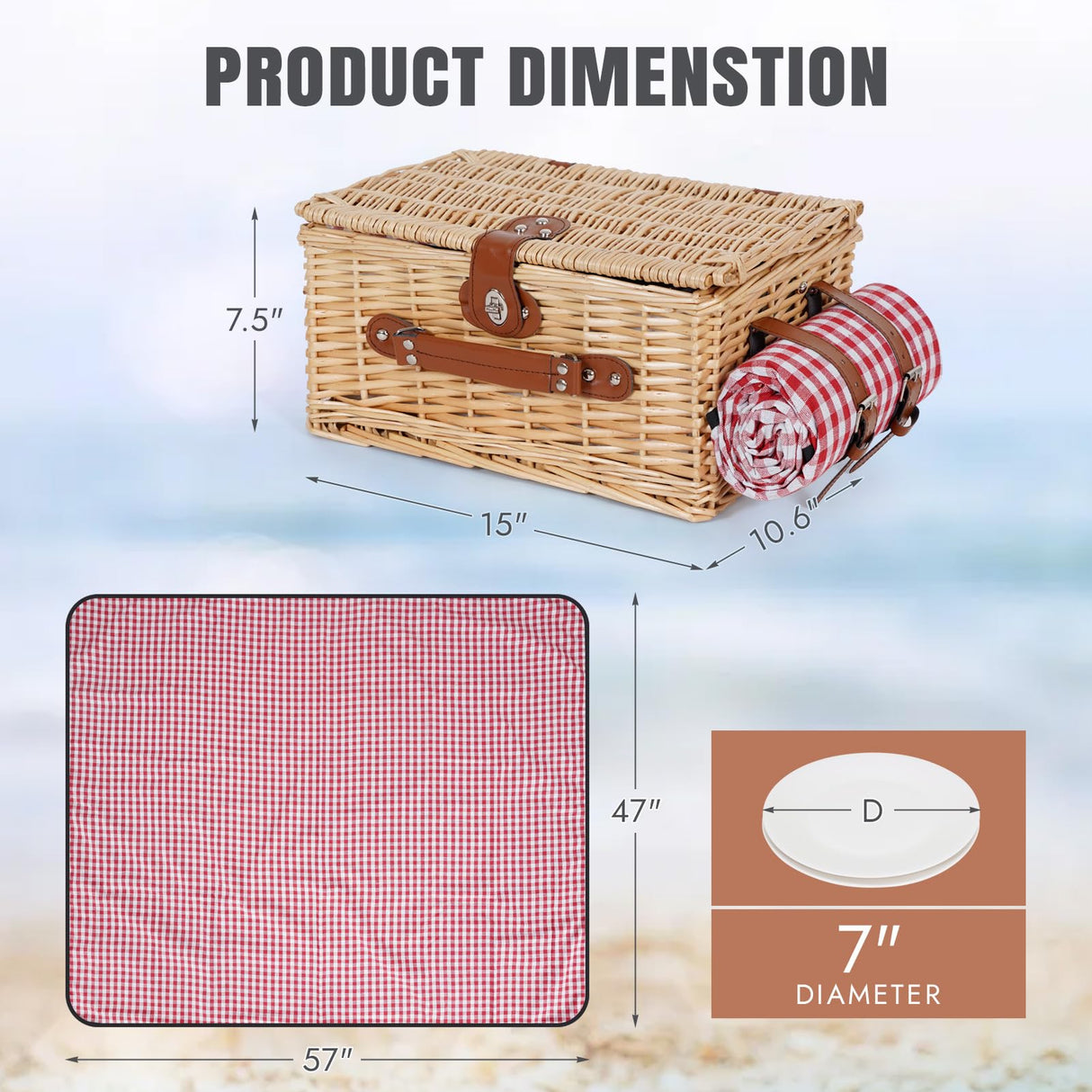HappyPicnic Picnic Basket Set for 2 - Wicker Picnic Basket with Waterproof Blanket & Insulated Liner, Large Handmade Willow Hamper with Cutlery Kit for Outdoor, Picnic, Camping, Party, Holidays (Red) HappyPicnic
