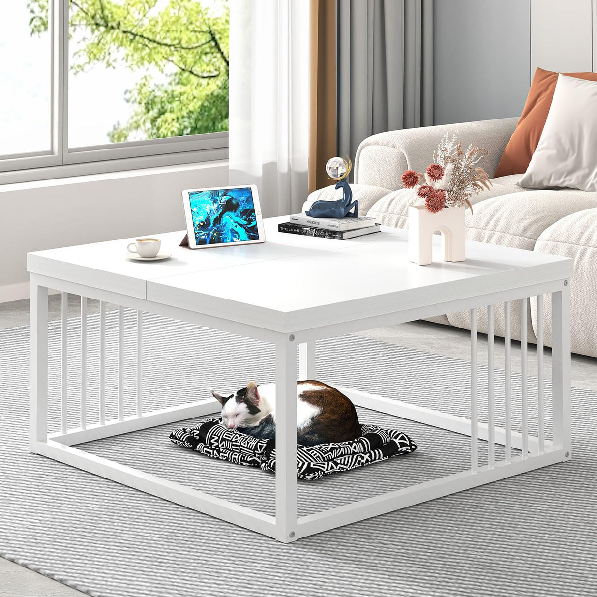 FOLUBAN White Coffee Table, Modern Rustic Wood and Metal Center Table, Industrial Simple Cocktail Tea Table for Living Room, 31.5 Inch FOLUBAN