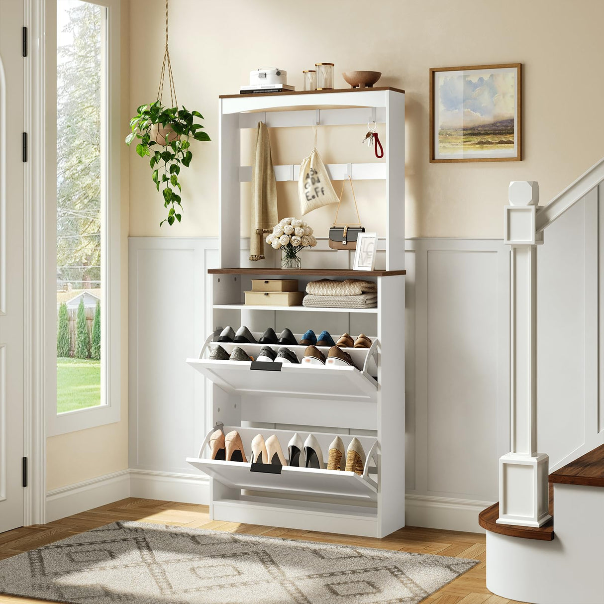 YATINEY Tall Shoe Cabinet with Flip Drawers and Coat Rack, Floor Standing Modern Shoe Storage Organizer, 2-in-1 Hall Tree with Movable Hooks and Open Shelves, for Entryway, White and Walnut SC01WH YATINEY