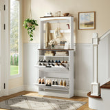 YATINEY Tall Shoe Cabinet with Flip Drawers and Coat Rack, Floor Standing Modern Shoe Storage Organizer, 2-in-1 Hall Tree with Movable Hooks and Open Shelves, for Entryway, White and Walnut SC01WH YATINEY