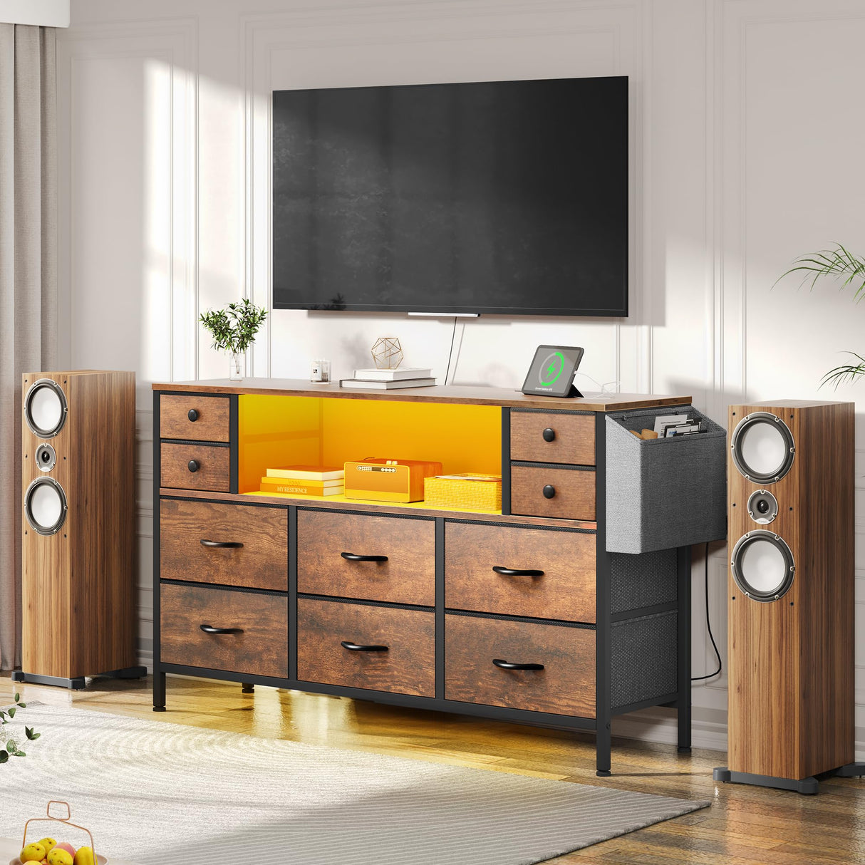 YITAHOME TV Stand with Charging Station, Dresser TV Stand for 55'' TV, 10 Drawer Dresser for Bedroom, Media TV Console Table with Side Pockets & Hooks, Storage Fabric Drawer Unit for Bedroom, Wood YITAHOME