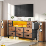 YITAHOME TV Stand with Charging Station, Dresser TV Stand for 55'' TV, 10 Drawer Dresser for Bedroom, Media TV Console Table with Side Pockets & Hooks, Storage Fabric Drawer Unit for Bedroom, Wood YITAHOME