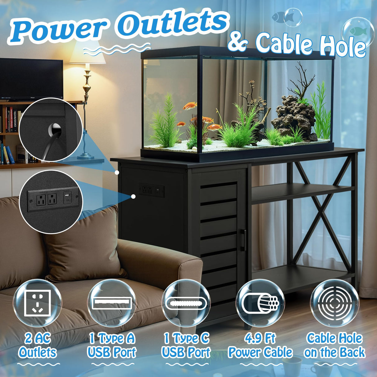GUNJI 55-75 Gallon Aquarium Stand, Fish Tank Stand with Cabinets and Shelves, Aquarium Tank with Power Outlets, Heavy Duty Metal Turtle Tank 52 inch x 19.68 inch Desktop for 1200LBS Capacity (Black) GUNJI