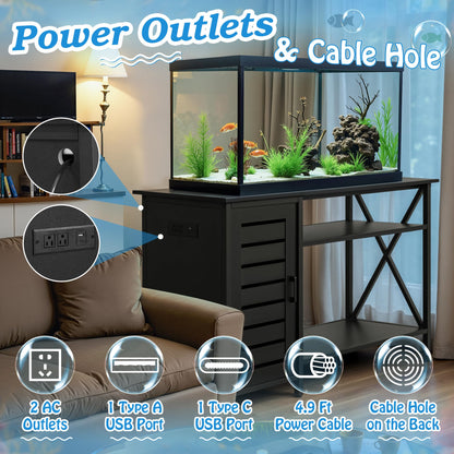 GUNJI 55-75 Gallon Aquarium Stand, Fish Tank Stand with Cabinets and Shelves, Aquarium Tank with Power Outlets, Heavy Duty Metal Turtle Tank 52 inch x 19.68 inch Desktop for 1200LBS Capacity  - WoodArtSupply
