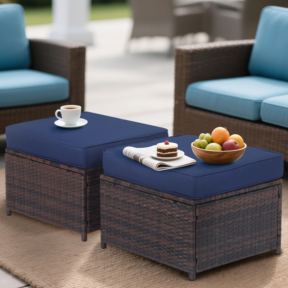Hoffeorrad Outdoor Ottoman Rattan Footstool - Patio Ottomans with Removable Cushion, All-Weather PE Wicker & Steel Frame for Poolside, Garden Outdoor Furniture,23.6 x 21.7 x 17.8 inches, Brown 2 Pcs Hoffeorrad