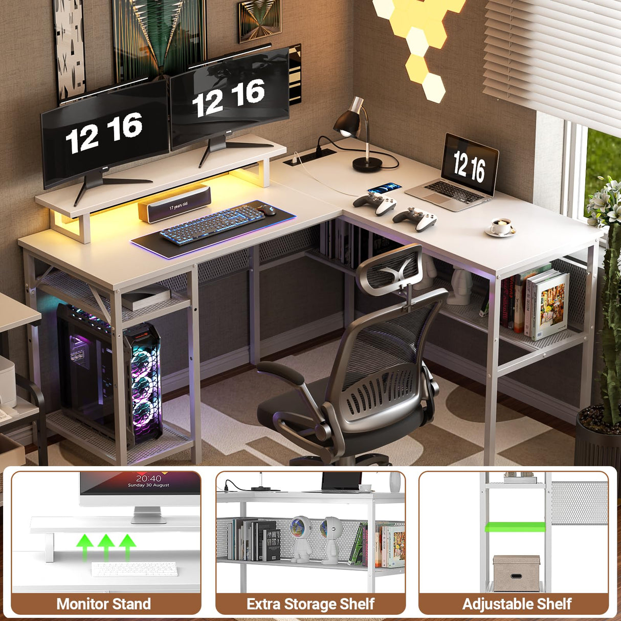 Unikito 55 Inch Reversible L-Shaped Desk with Power Outlets & Smart RGB LED Light - Elegant Corner Computer & Gaming Table in White Unikito