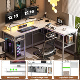 Unikito 55 Inch Reversible L-Shaped Desk with Power Outlets & Smart RGB LED Light - Elegant Corner Computer & Gaming Table in White Unikito