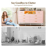 GAOMON Bedroom Dresser with 8 Large Storage Drawers, Wood Pink Dresser with LED Lights & Charging Station, TV Stand Dresser & Chests of Drawers for Closet, Hallway, Entryway GAOMON