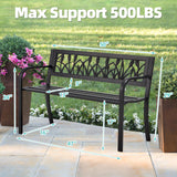 AVAWING Outdoor Bench, 2-Person Garden Benches for Outside, Metal Frame Patio Seating with Floral Pattern Backrest, Armrests for Lawn, Park, Porch, Entryway, Black AVAWING