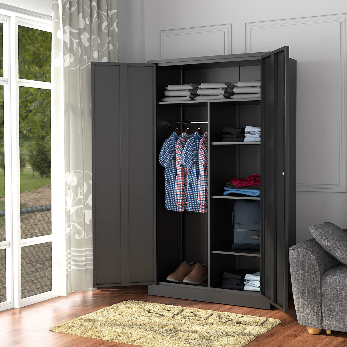Letaya Metal Storage Cabinets Locker with Lock Door, 72'' Clothing Coat Steel Storage Freestanding Wardrobe for Office, Home, School, Employee,Gym,Fire Department (Black) Letaya