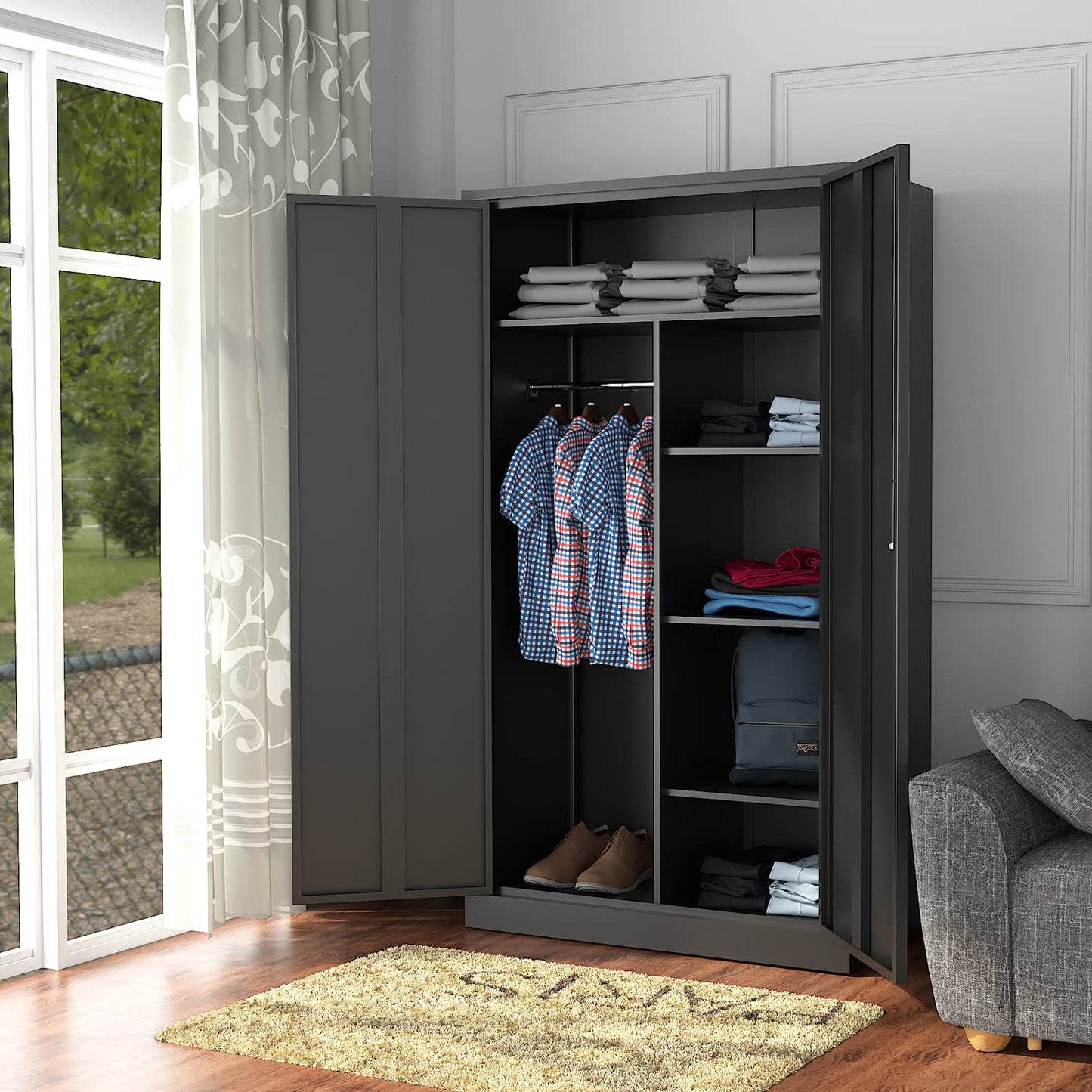 Letaya Metal Storage Cabinets Locker with Lock Door, 72'' Clothing Coat Steel Storage Freestanding Wardrobe for Office, Home, School, Employee,Gym,Fire Department (Black) - WoodArtSupply