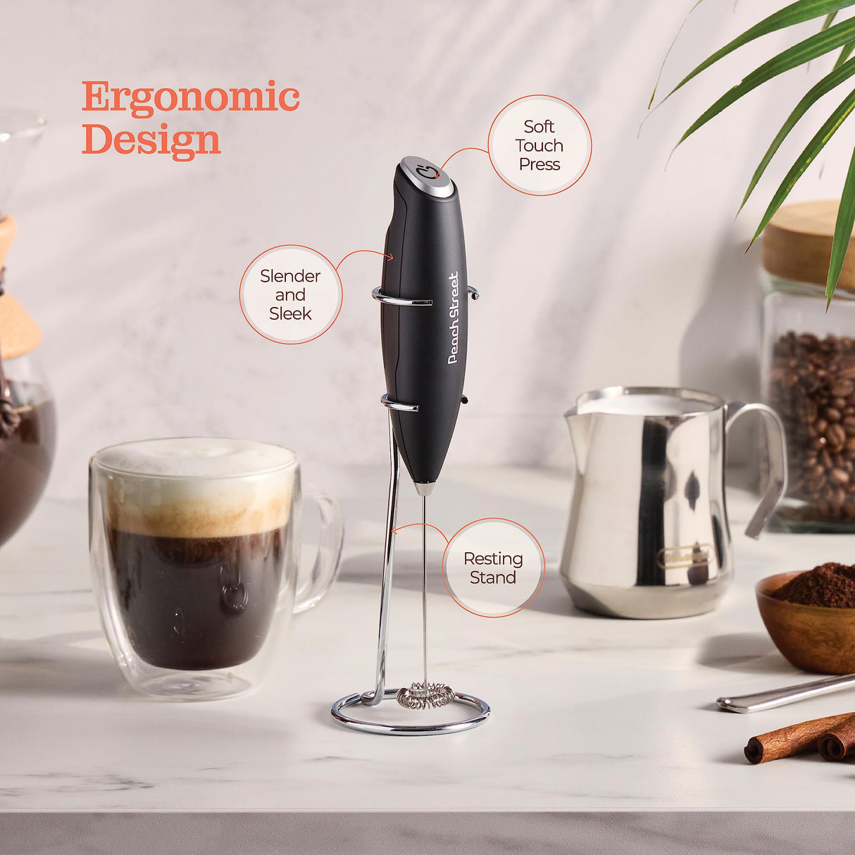 Powerful Handheld Milk Frother, Mini Milk Frother Wand, Battery Operated Stainless Steel Drink Mixer - Milk Frother Stand for Milk Coffee, Lattes, Cappuccino, Frappe, Matcha, Hot Chocolate. Great Gift Peach Street