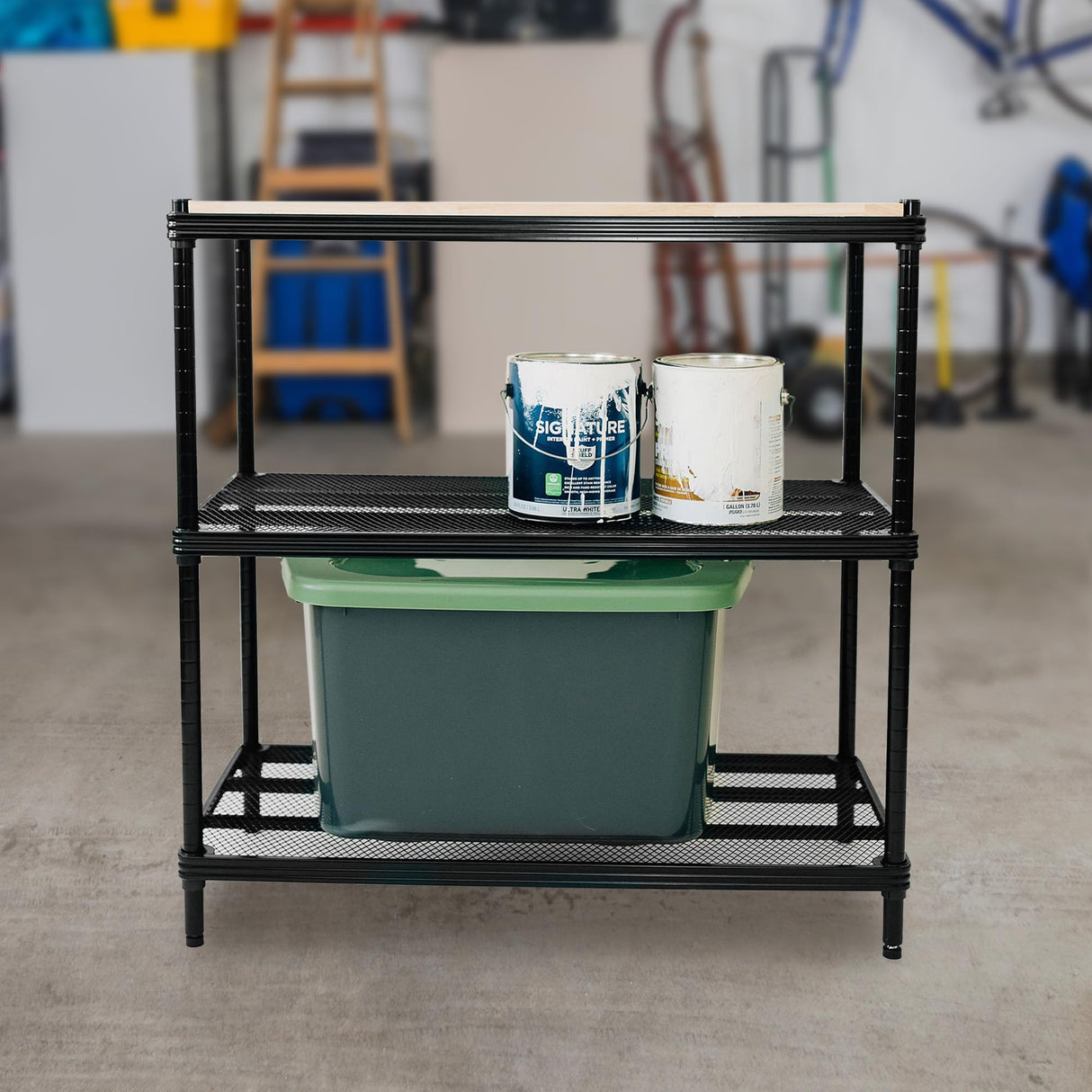 Design Ideas MeshWorks Stainless Metal Mesh Storage Wood Top Workbench Shelving Unit Rack for Garage and Kitchen Storage, Black Design Ideas