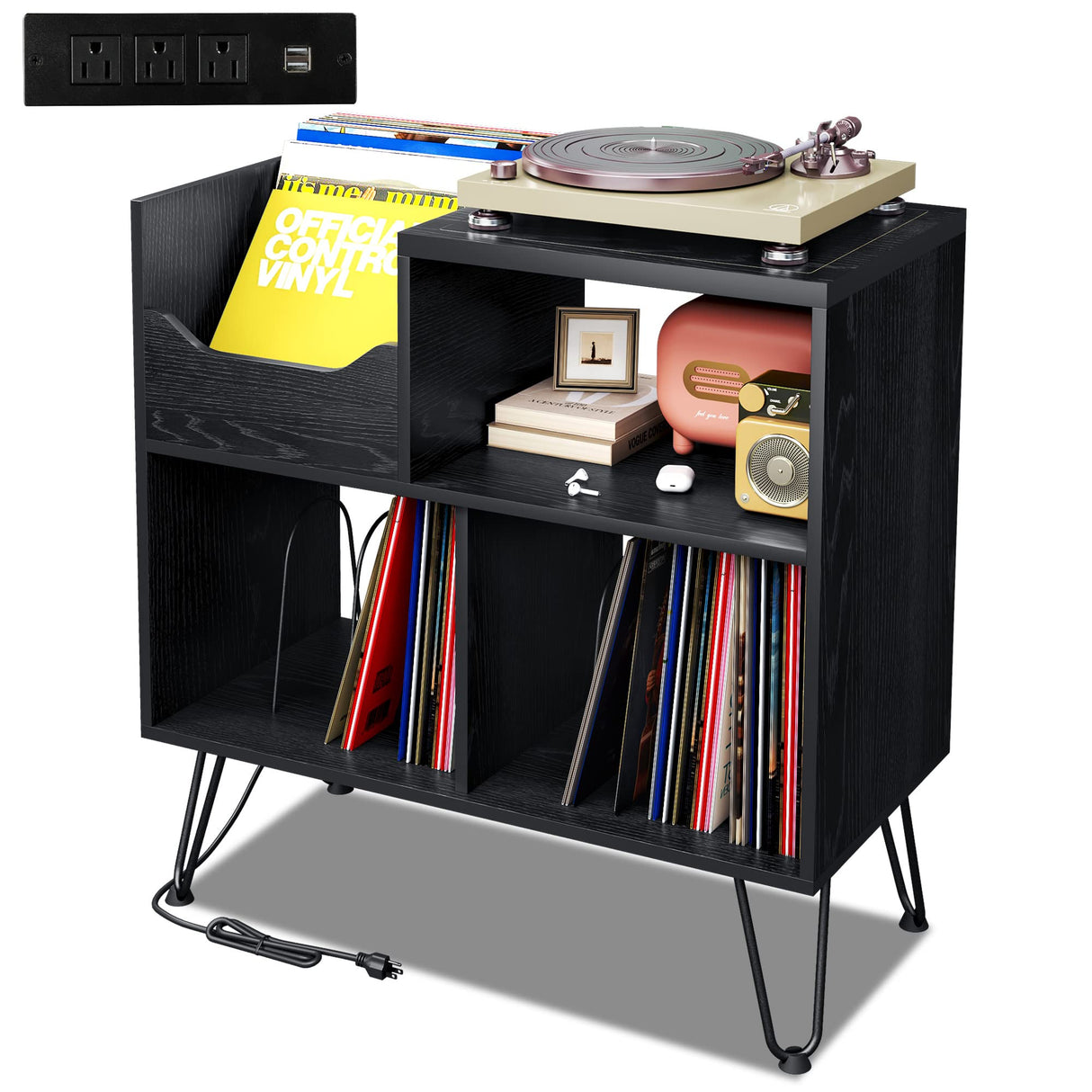 TC-HOMENY Record Player Stand with Vibration-Isolated Turntable Design, Vinyl Record Storage Table with Charging Station, Mid-Century Modern Turntable Stand (Black) TC-HOMENY