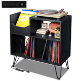 TC-HOMENY Record Player Stand with Vibration-Isolated Turntable Design, Vinyl Record Storage Table with Charging Station, Mid-Century Modern Turntable Stand (Black) TC-HOMENY
