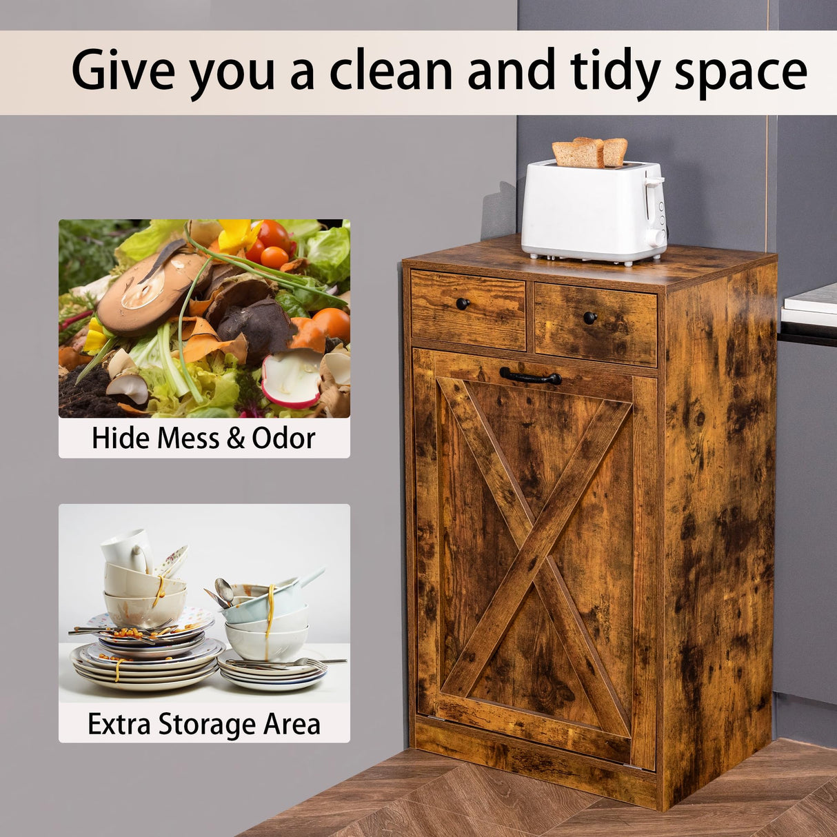 Zvyteay 13 Gallons Tilt Out Trash Can Cabinet, Wooden Trash Cabinet with 2 Drawers, Free Standing Kichen Waste Bin Recycling Cabinet Pet Proof Hidden Trash Cabinet for Kitchen (Brown) Zvyteay