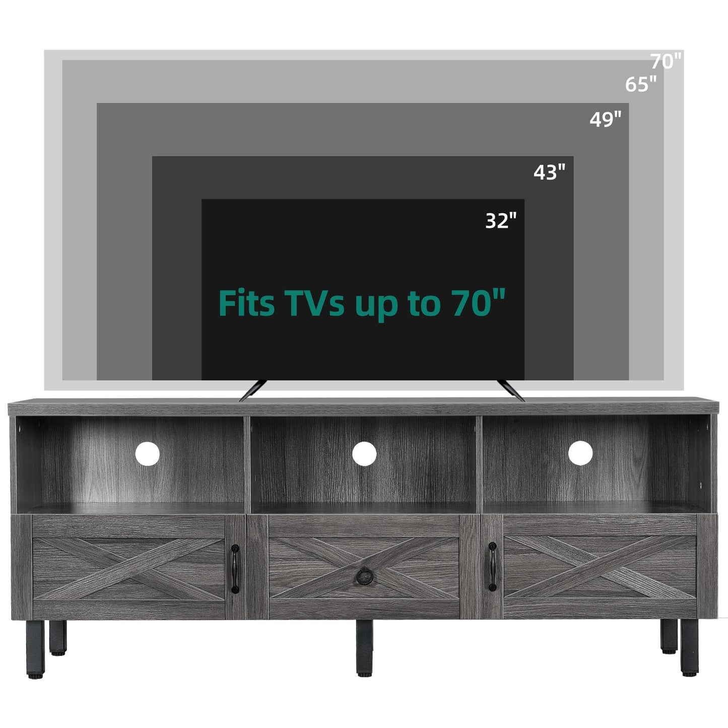 YITAHOME Mid-Century TV Stand for 70/65/60/55 inch, Boho Wood TV Table Farmhouse Media Console with Storage Cabinet and Open Shelves for Living Room, Bedroom, 65 inch, Grey - WoodArtSupply