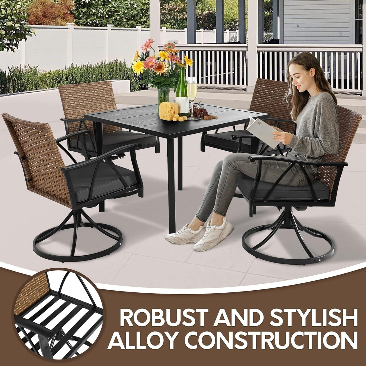 Andehomy 5-Piece Patio Dining Set for 4，Outdoor Dining Set with Wicker Swivel Patio Dining Chairs with Cushions & 1 Black Square Woodgrain Dining Table with 1.75”Market Umbrella Hole, Black & Brown Andehomy