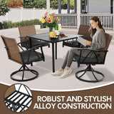 Andehomy 5-Piece Patio Dining Set for 4，Outdoor Dining Set with Wicker Swivel Patio Dining Chairs with Cushions & 1 Black Square Woodgrain Dining Table with 1.75”Market Umbrella Hole, Black & Brown Andehomy